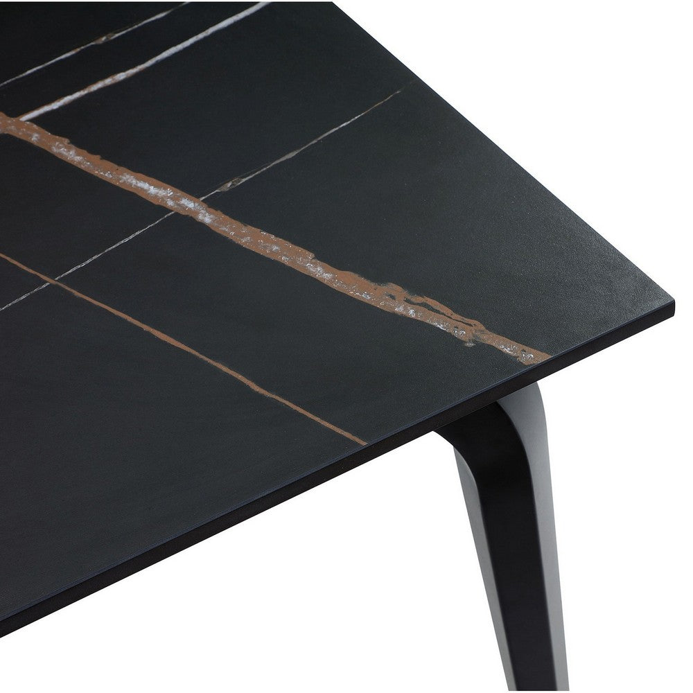 Gower 71 Inch Rectangular Dining Table, Black Stone Top, Black Metal Base