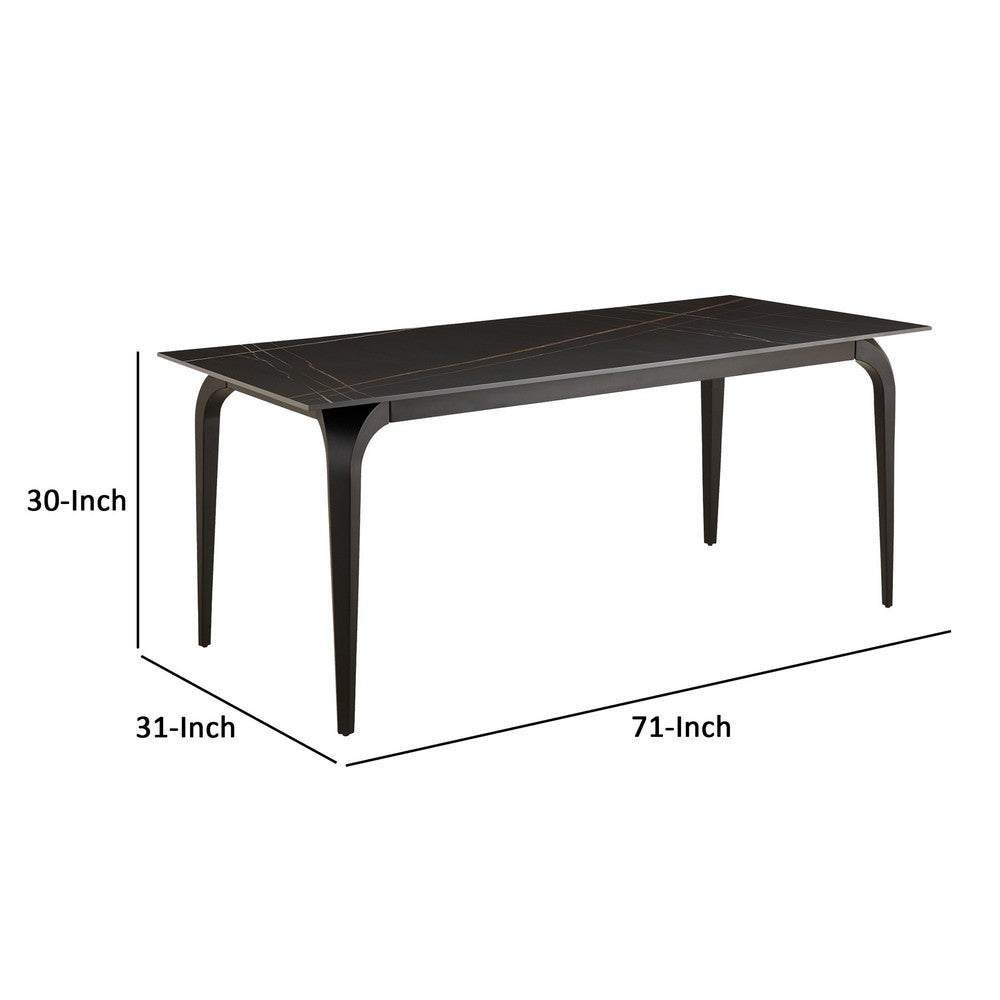 Gower 71 Inch Rectangular Dining Table, Black Stone Top, Black Metal Base