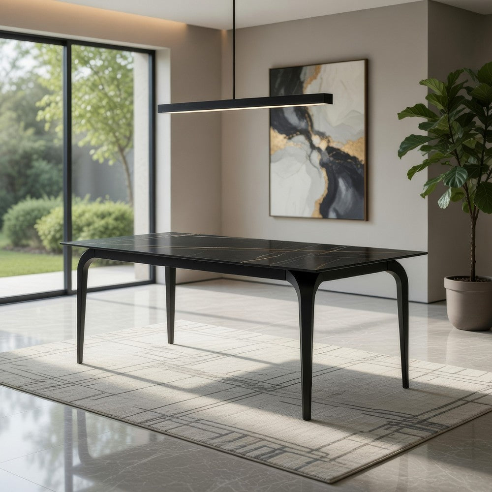 Gower 71 Inch Rectangular Dining Table, Black Stone Top, Black Metal Base