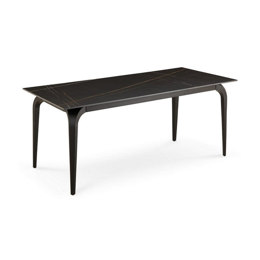 Gower 71 Inch Rectangular Dining Table, Black Stone Top, Black Metal Base