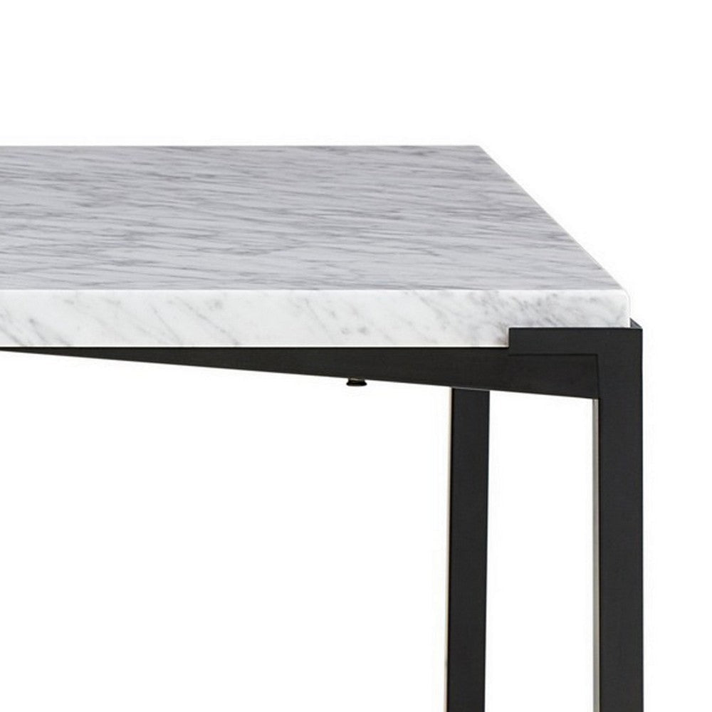 Agnew 48 Inch Coffee Table White Marble Top Tubular Black Steel Base BM299786