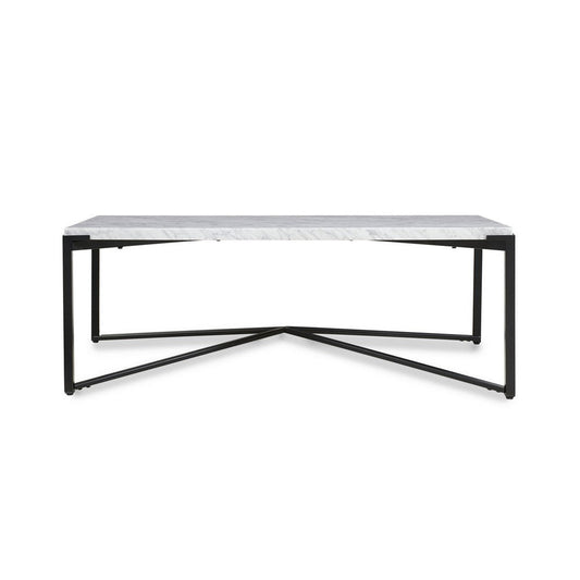 Agnew 48 Inch Coffee Table, White Marble Top, Tubular Black Steel Base