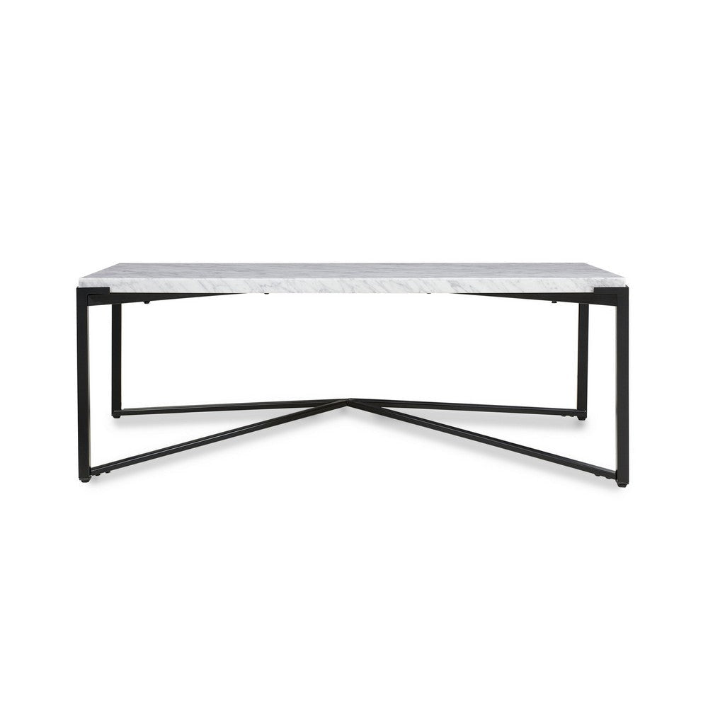 Agnew 48 Inch Coffee Table, White Marble Top, Tubular Black Steel Base