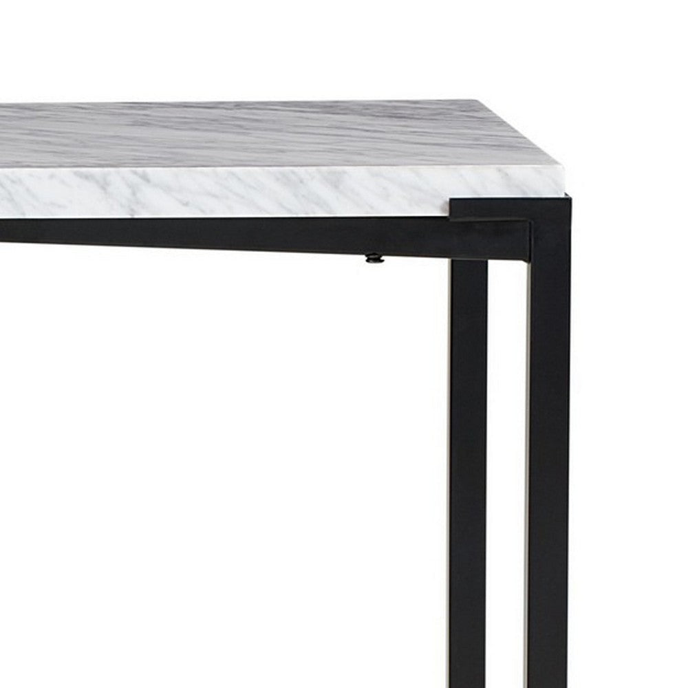 Agnew 50 Inch Console Table White Marble Top Tubular Black Steel Base BM299787