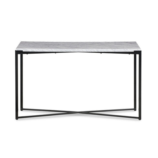 Agnew 50 Inch Console Table, White Marble Top, Tubular Black Steel Base
