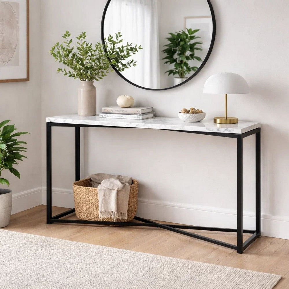 Agnew 50 Inch Console Table, White Marble Top, Tubular Black Steel Base