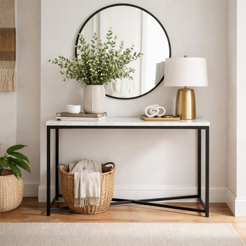 Agnew 50 Inch Console Table, White Marble Top, Tubular Black Steel Base