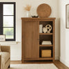 Embur 56 Inch Farmhouse Bookcase, Sliding Door, 3 Open Shelves, Brown Wood