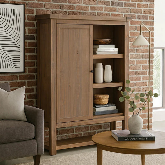 Embur 56 Inch Farmhouse Bookcase, Sliding Door, 3 Open Shelves, Brown Wood