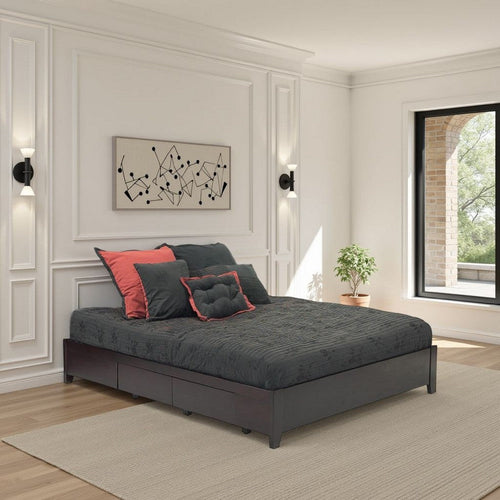 Klio Queen Size Bed, 4 Storage Drawers, Low Profile, Dark Brown Mahogany