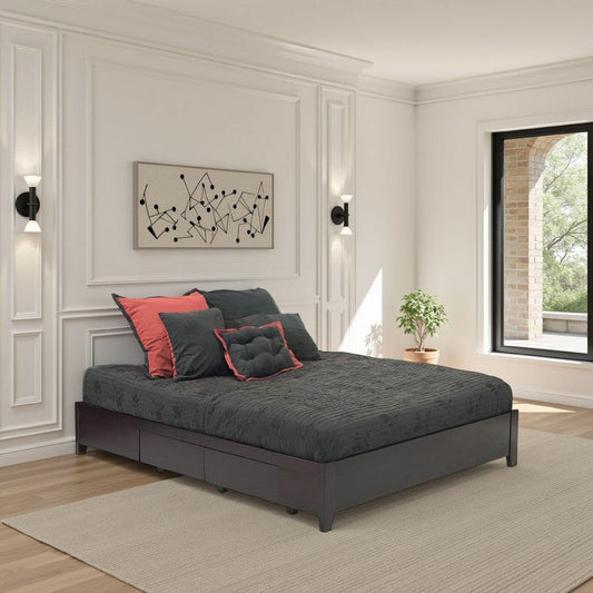 Klio Queen Size Bed, 4 Storage Drawers, Low Profile, Dark Brown Mahogany