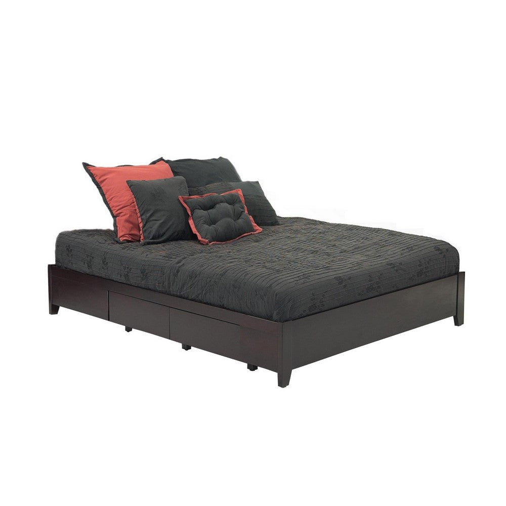 Klio Queen Size Bed, 4 Storage Drawers, Low Profile, Dark Brown Mahogany