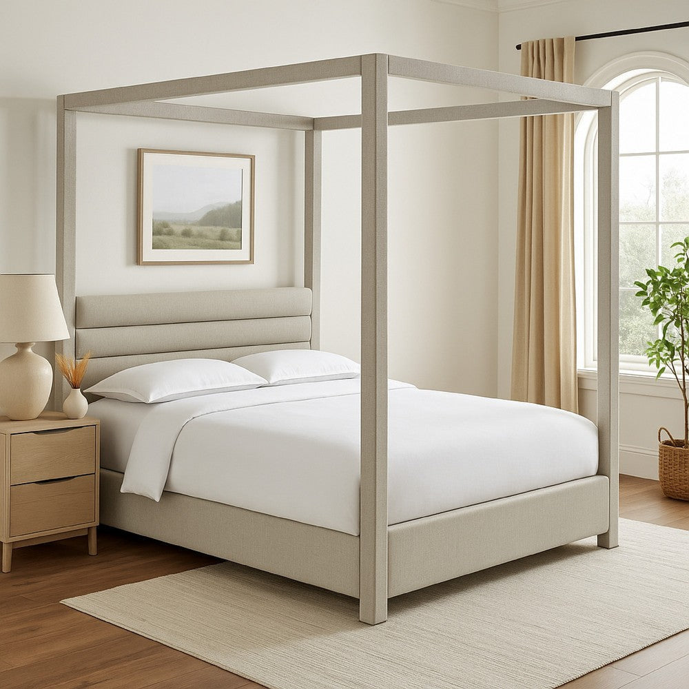 Riu Full Size Canopy Bed, Panel Headboard with Tufted Gray Linen Upholstery