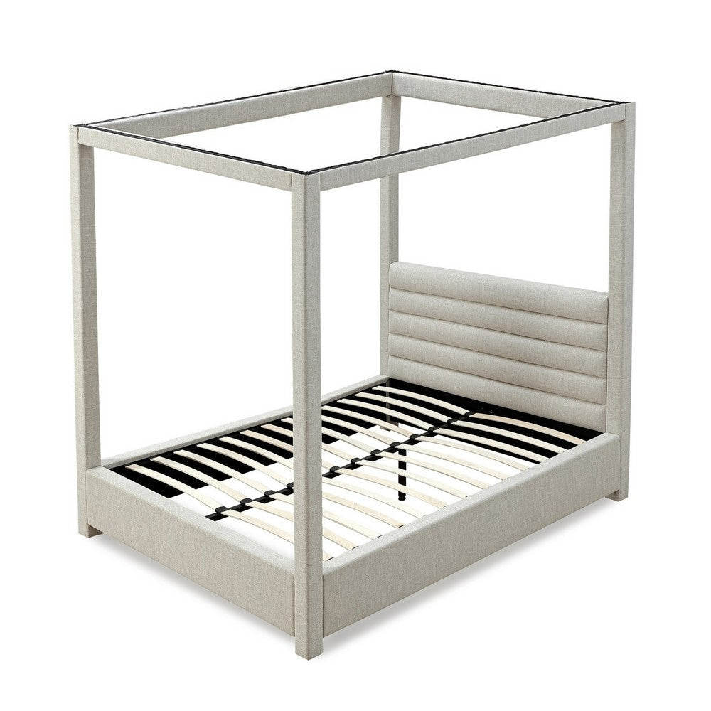 Riu Full Size Canopy Bed, Panel Headboard with Tufted Gray Linen Upholstery