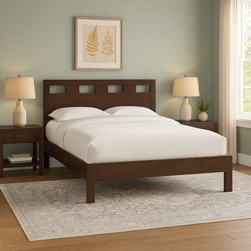 Yee King Size Bed, Cut Out Design Panel Headboard, Brown Mahogany Wood