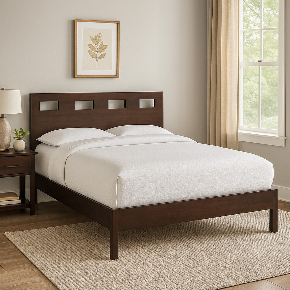 Yee Full Size Bed, Cut Out Design Panel Headboard, Brown Mahogany Wood