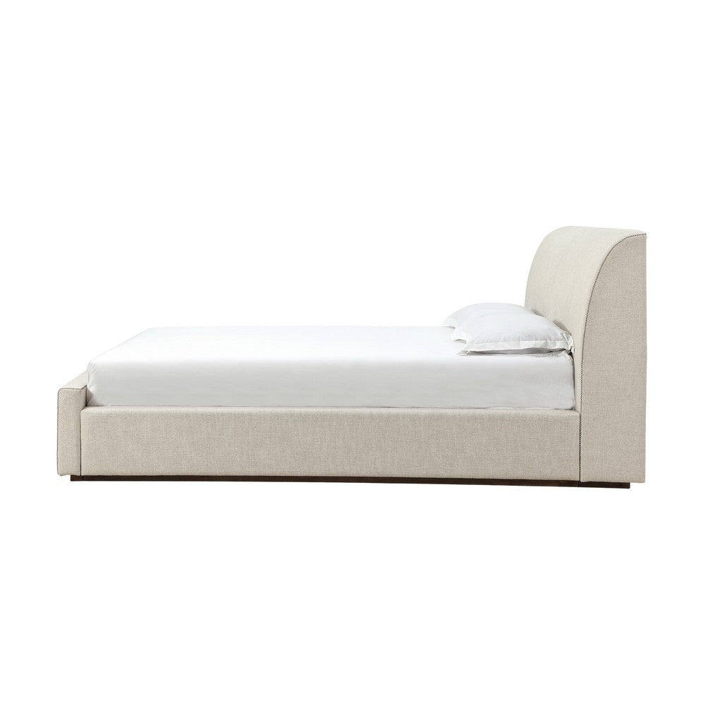 Reza King Size Platform Bed Sleigh Headboard Low Profile Beige Linen BM299812