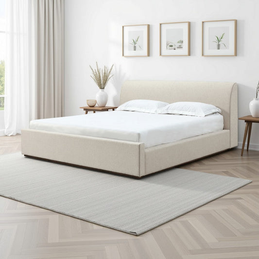 Reza King Size Platform Bed, Sleigh Headboard, Low Profile, Beige Linen