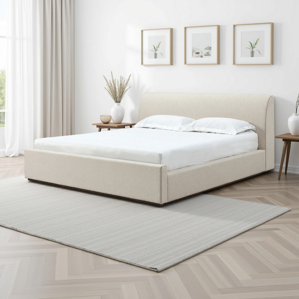 Reza King Size Platform Bed, Sleigh Headboard, Low Profile, Beige Linen