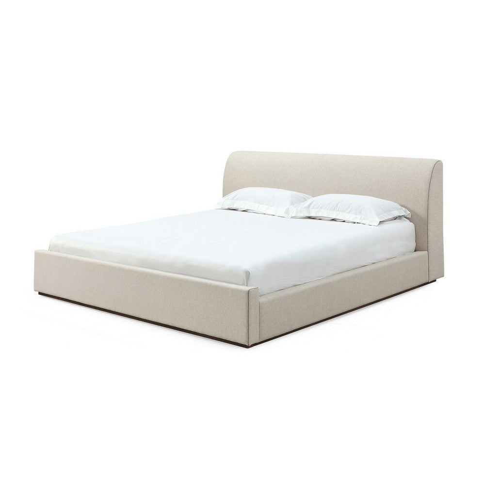 Reza King Size Platform Bed, Sleigh Headboard, Low Profile, Beige Linen