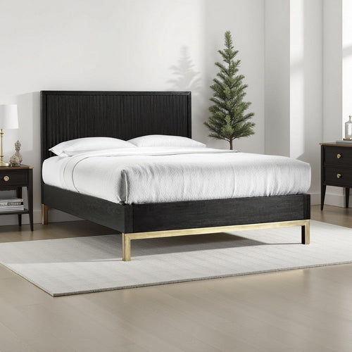 Carl California King Platform Bed, Lined Ribbed Panel Headboard, Black