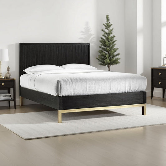 Carl California King Platform Bed, Lined Ribbed Panel Headboard, Black