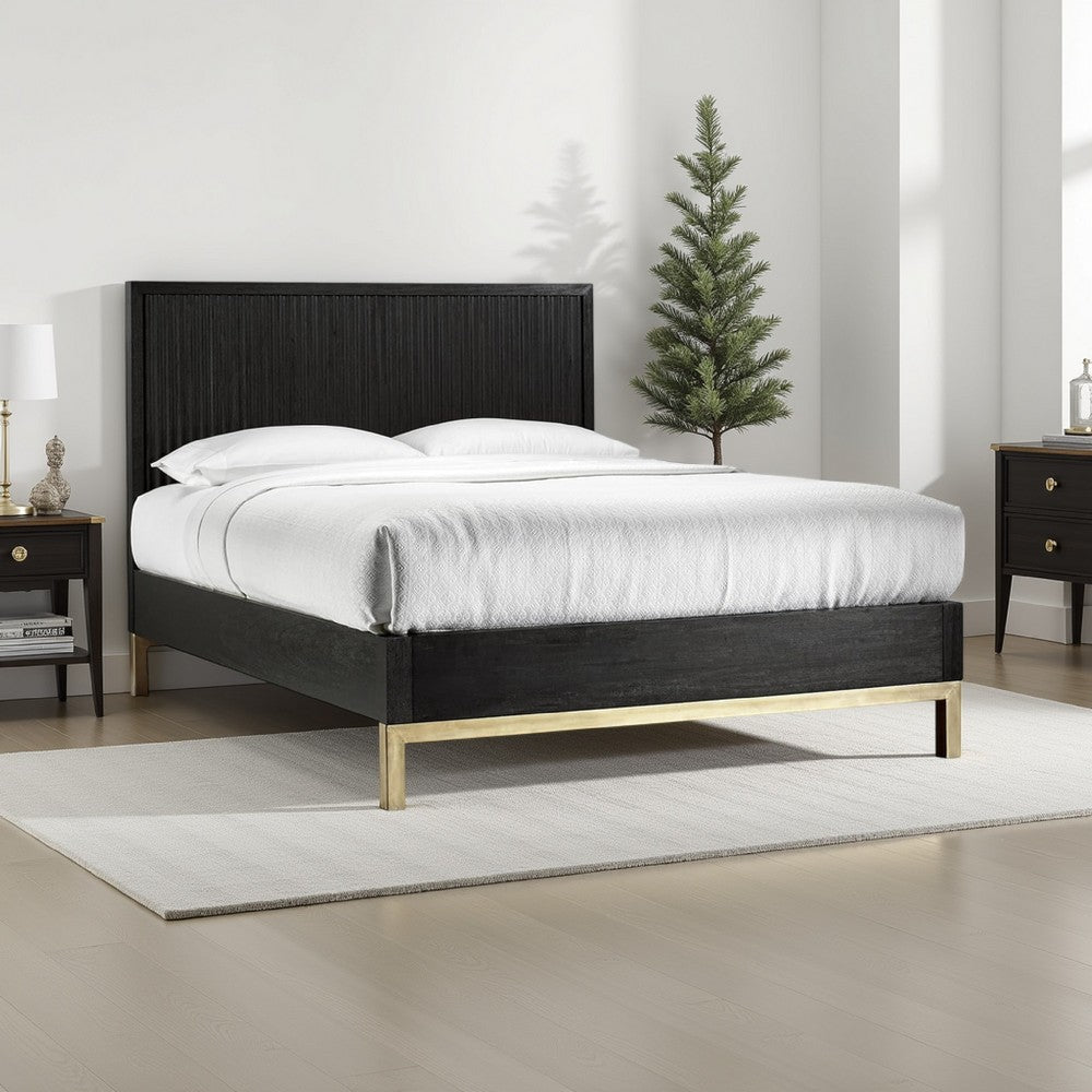 Carl California King Platform Bed, Lined Ribbed Panel Headboard, Black