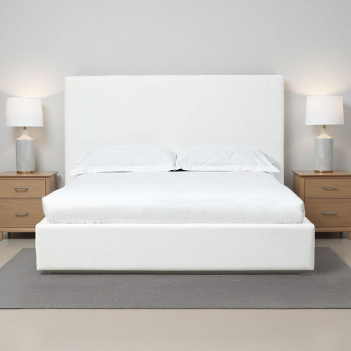 Uma Full Size Platform Bed, Tall Panel Headboard, Cream Canvas Upholstery