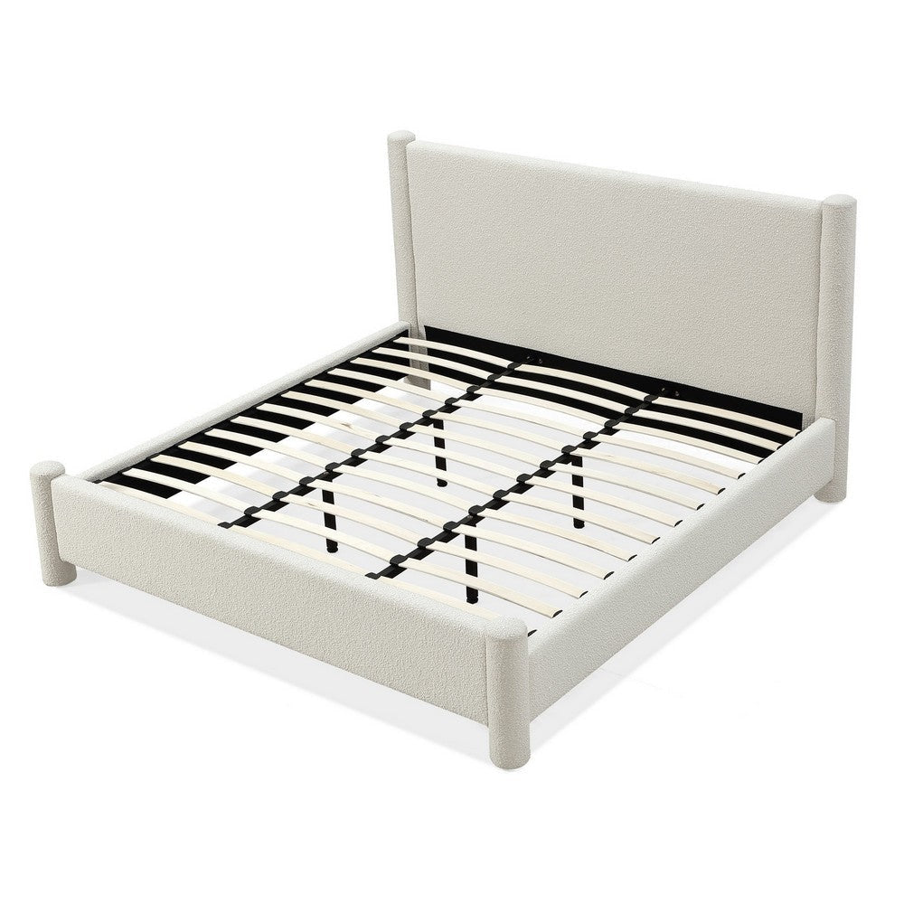 Kizo King Size Platform Bed Cream Boucle Fabric Panel Headboard Slats