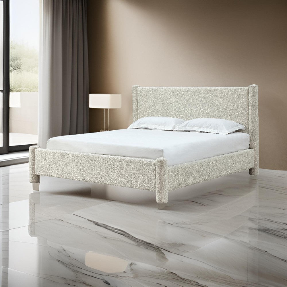 Kizo King Size Platform Bed, Cream Boucle Fabric, Panel Headboard, Slats
