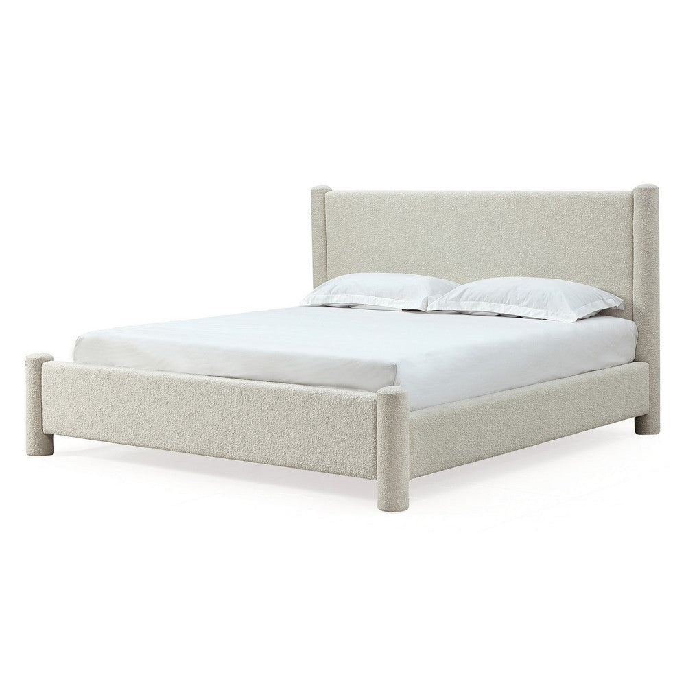 Kizo King Size Platform Bed, Cream Boucle Fabric, Panel Headboard, Slats