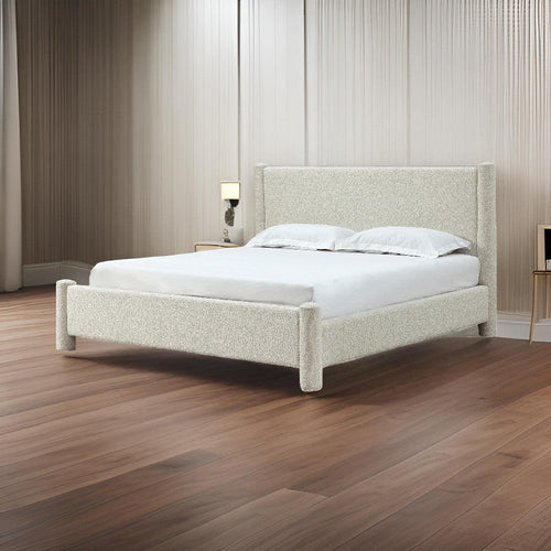 Kizo Queen Size Platform Bed, Cream Boucle Fabric, Panel Headboard, Slats