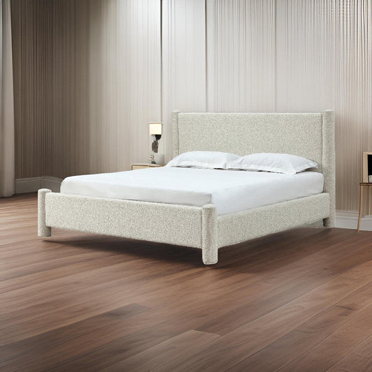 Kizo Queen Size Platform Bed, Cream Boucle Fabric, Panel Headboard, Slats