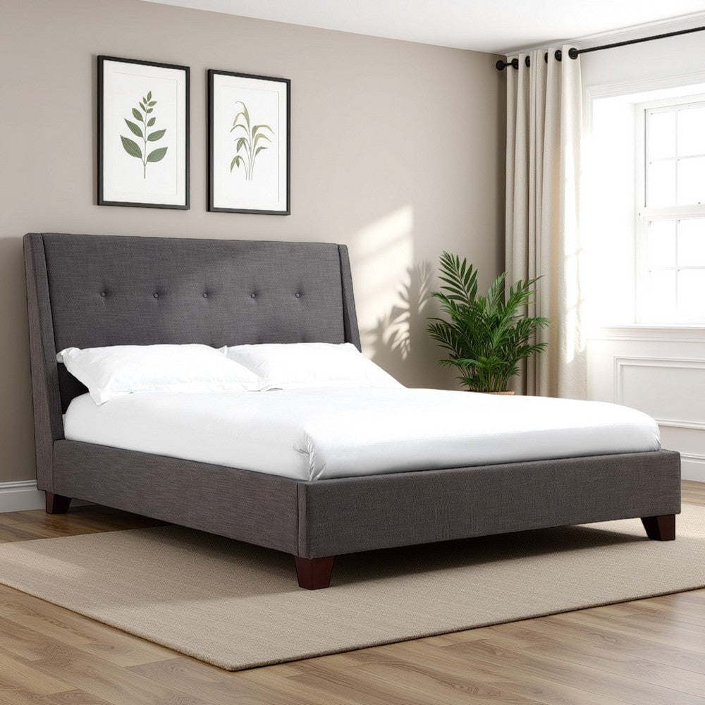 Atina California King Bed, Charcoal Linen Upholstery, Slanted Headboard