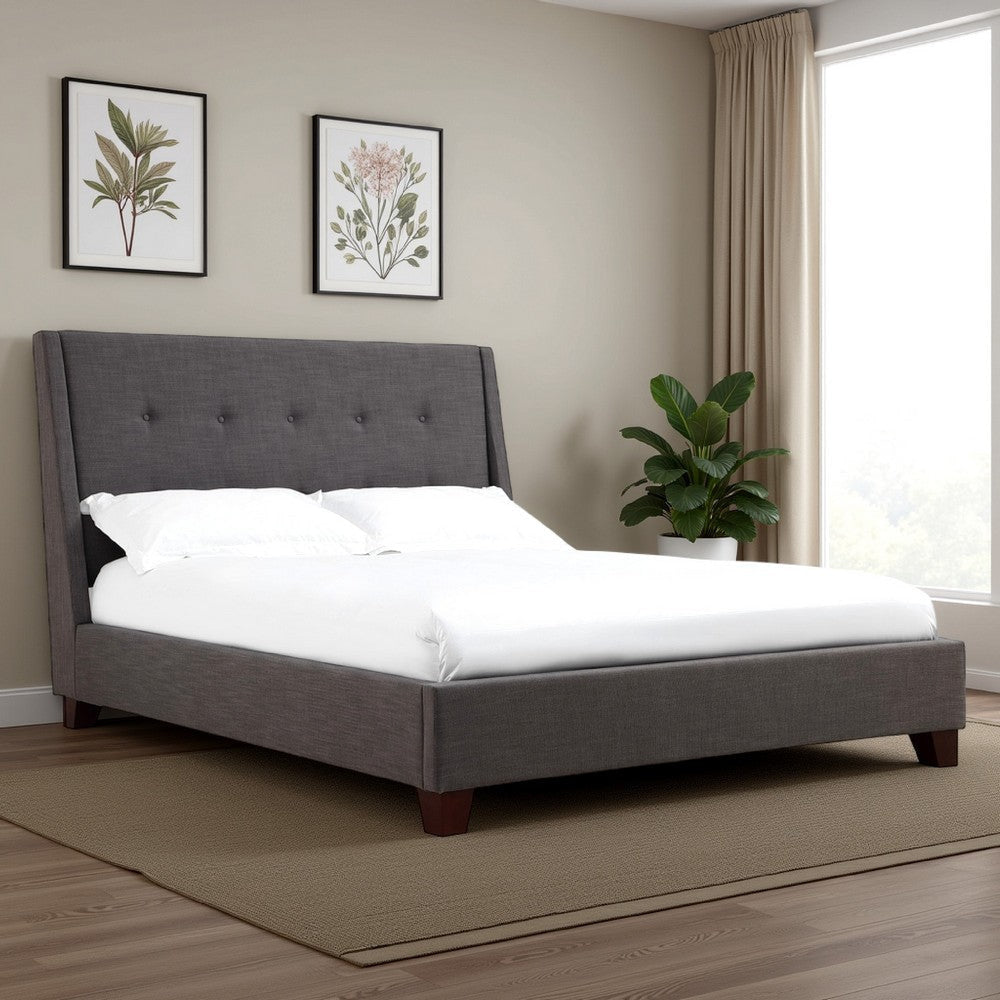 Atina King Bed, Dark Charcoal Gray Linen Upholstered, Slanted Headboard