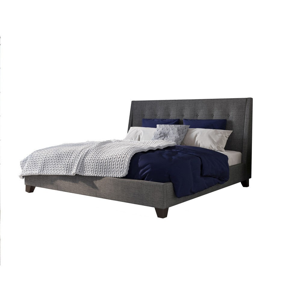 Atina King Bed, Dark Charcoal Gray Linen Upholstered, Slanted Headboard