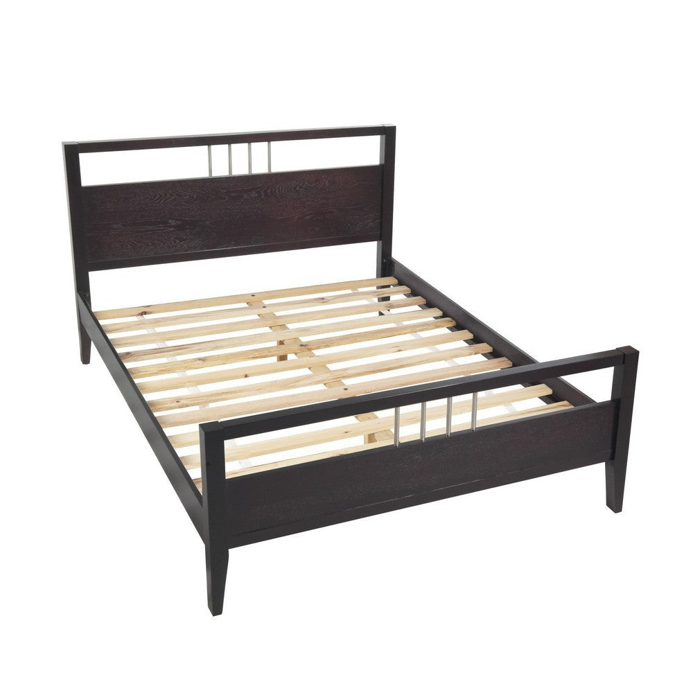 Fang Modern Full Size Bed, Sleigh Headboard, Metal Bars, Espresso Brown