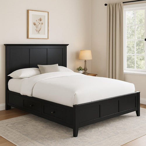 Kenji Full Size Bed, Panel Headboard, 4 Storage Drawers, Matte Black Wood
