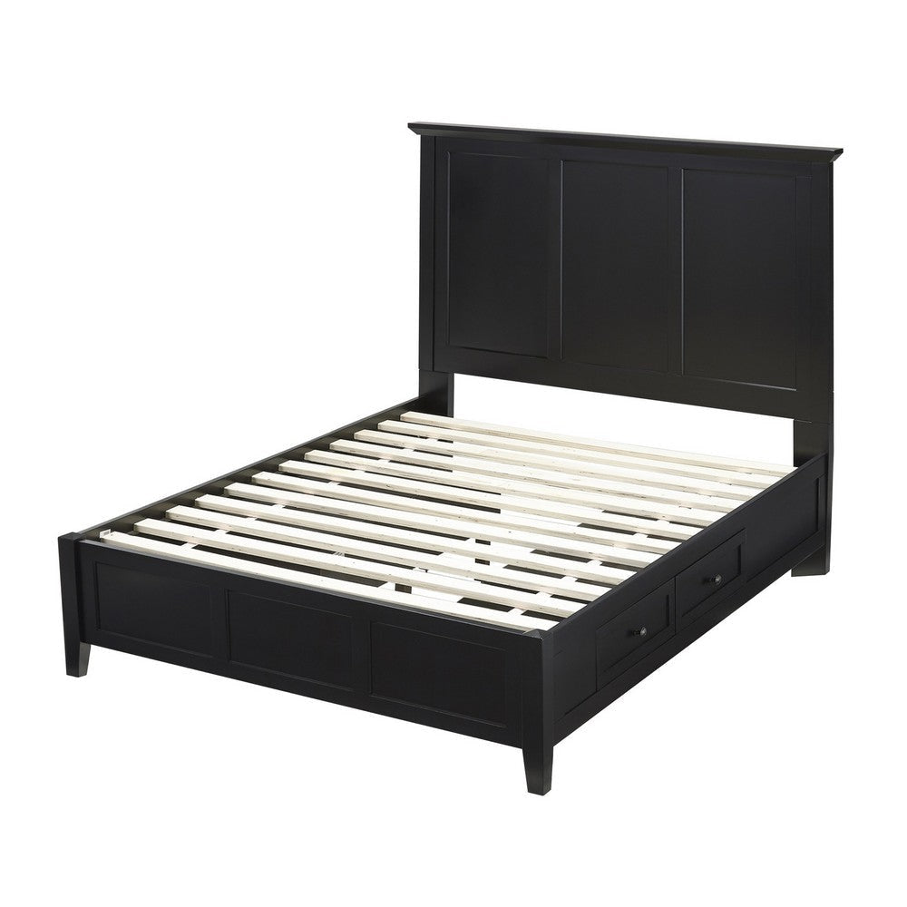 Kenji Full Size Bed, Panel Headboard, 4 Storage Drawers, Matte Black Wood