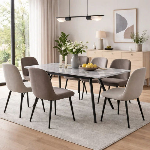 79 Inch Extendable Modern Dining Table, Textured Stone Surface, Warm Gray