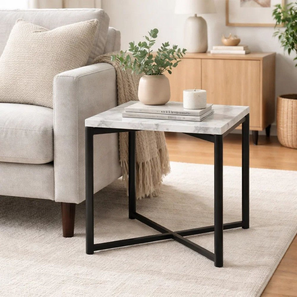 20 Inch Modern Side End Table, Carrara Marble Top, Steel Frame, Smooth Gray