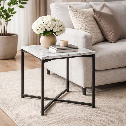 20 Inch Modern Side End Table, Carrara Marble Top, Steel Frame, Smooth Gray