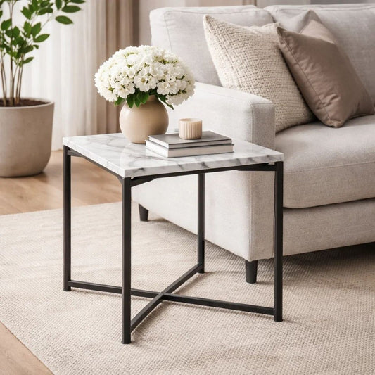 20 Inch Modern Side End Table, Carrara Marble Top, Steel Frame, Smooth Gray