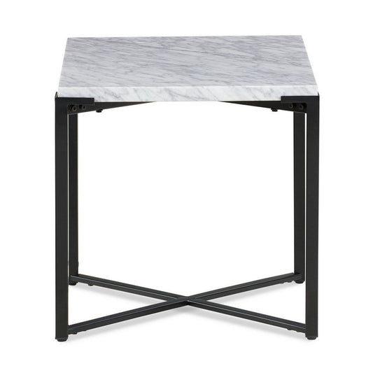 20 Inch Modern Side End Table, Carrara Marble Top, Steel Frame, Smooth Gray