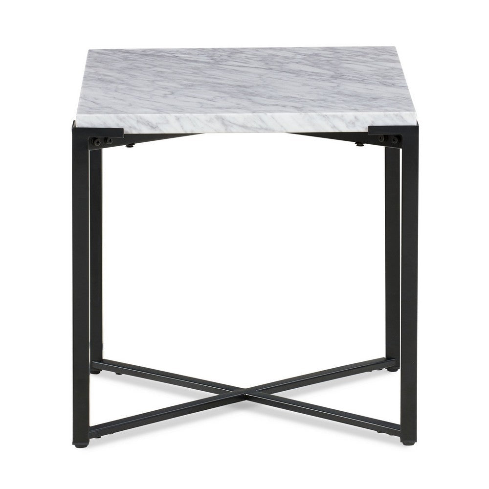 20 Inch Modern Side End Table, Carrara Marble Top, Steel Frame, Smooth Gray