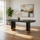 79 Inch Modern Dining Table, Oval Shaped Surface, Brass Metal Accents