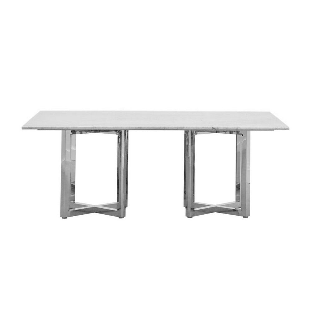 Eun 78 Inch Dining Table Carrara Marble Top Stainless Steel Base Gray BM299869