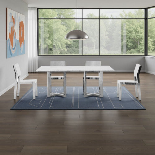 Eun 78 Inch Dining Table, Carrara Marble Top, Stainless Steel Base, Gray