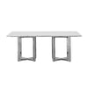 Eun 78 Inch Dining Table, Carrara Marble Top, Stainless Steel Base, Gray