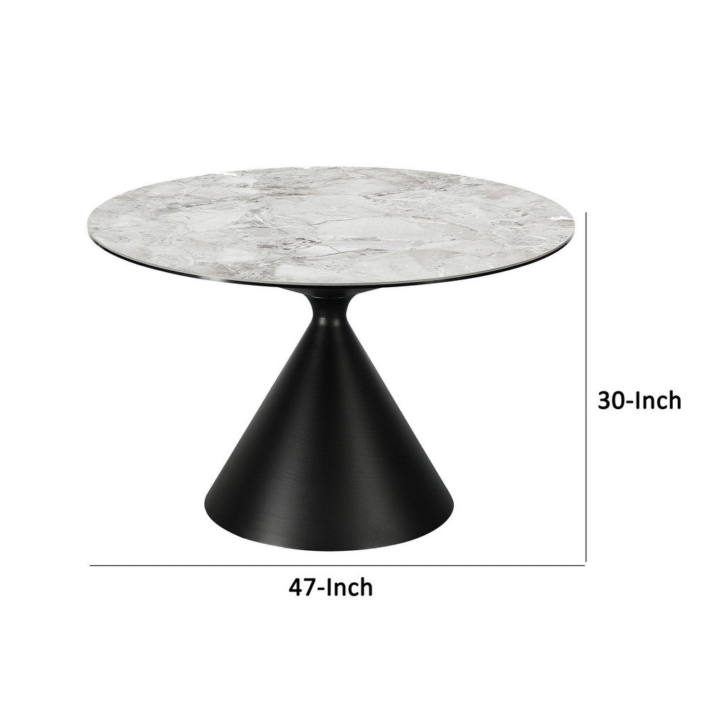 Lam 47 Inch Round Dining Table, Sintered Stone Top, Steel Base, Black